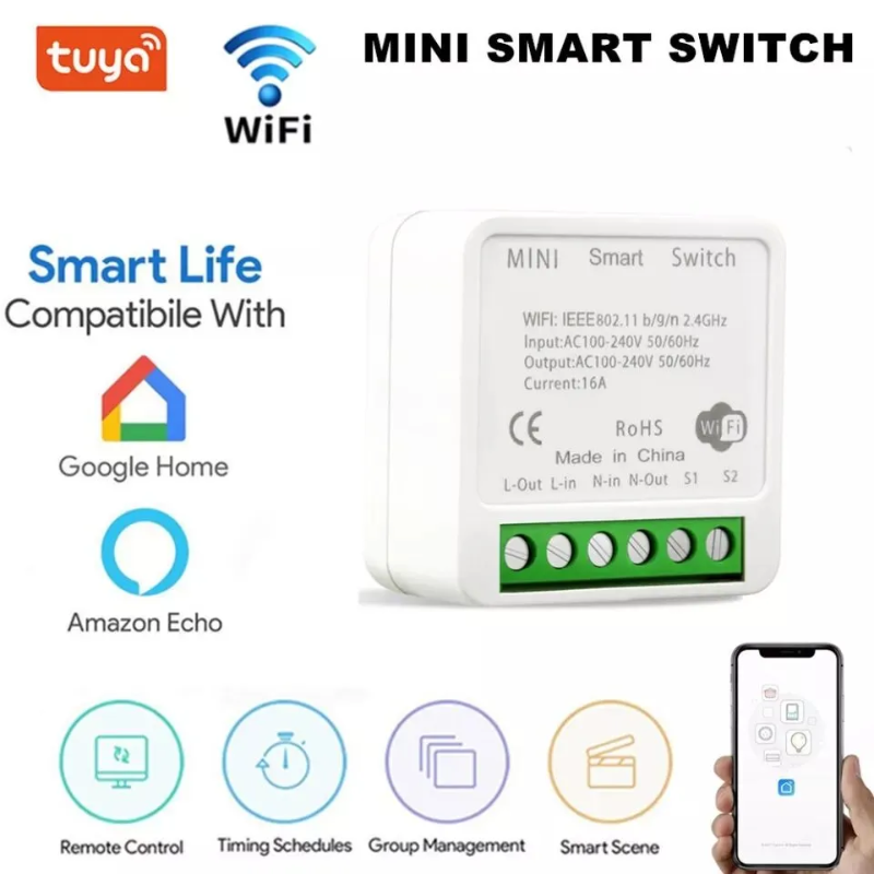 Tuya Mini 16A WiFi Switch Module with Smart Life App 2 Way Control, Smart Home Interruptor Work for Alexa, google home