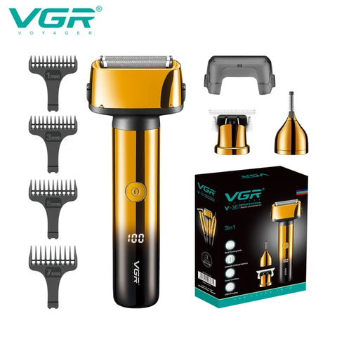 VGR V-367 3 IN 1 Beard Shaver LED Display Eyebrows Trimmer Rechargeable Electric Shaver 0mm Shaving Machine for Men