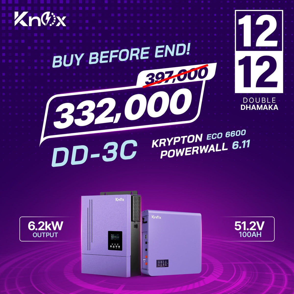 Knox Combo Deal 3C Krypton Eco 6600 6.2kw hybrid solar inverter with Powerwall 6.11 51.2v 100ah Lithium Battery