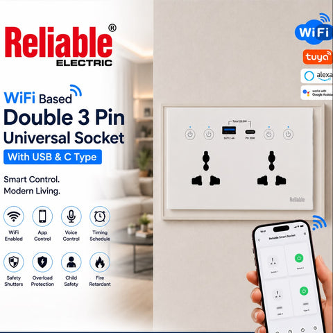 Reliable Electric Double 3 Pin Universal Smart Wall Socket with USB & USB-C Charging
