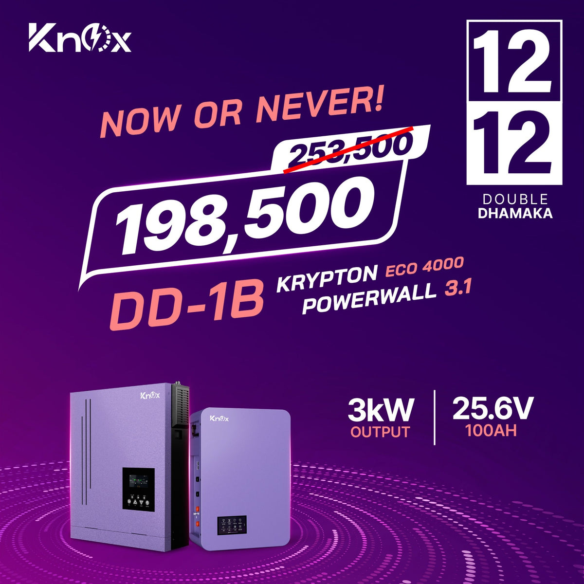 Knox Combo Deal 1B Krypton Eco 4000 3kw hybrid solar inverter with Powerwall 3.1 25.6v 100ah lithium battery