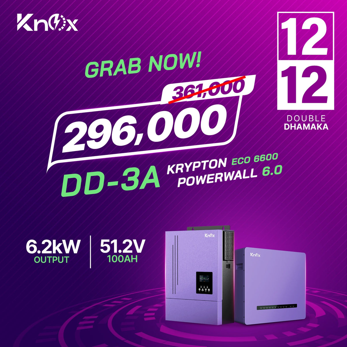 Knox Combo Deal 3A Krypton Eco 6600 6.2kw hybrid solar inverter with Powerwall 6.0 51.2v 100ah Lithium Battery