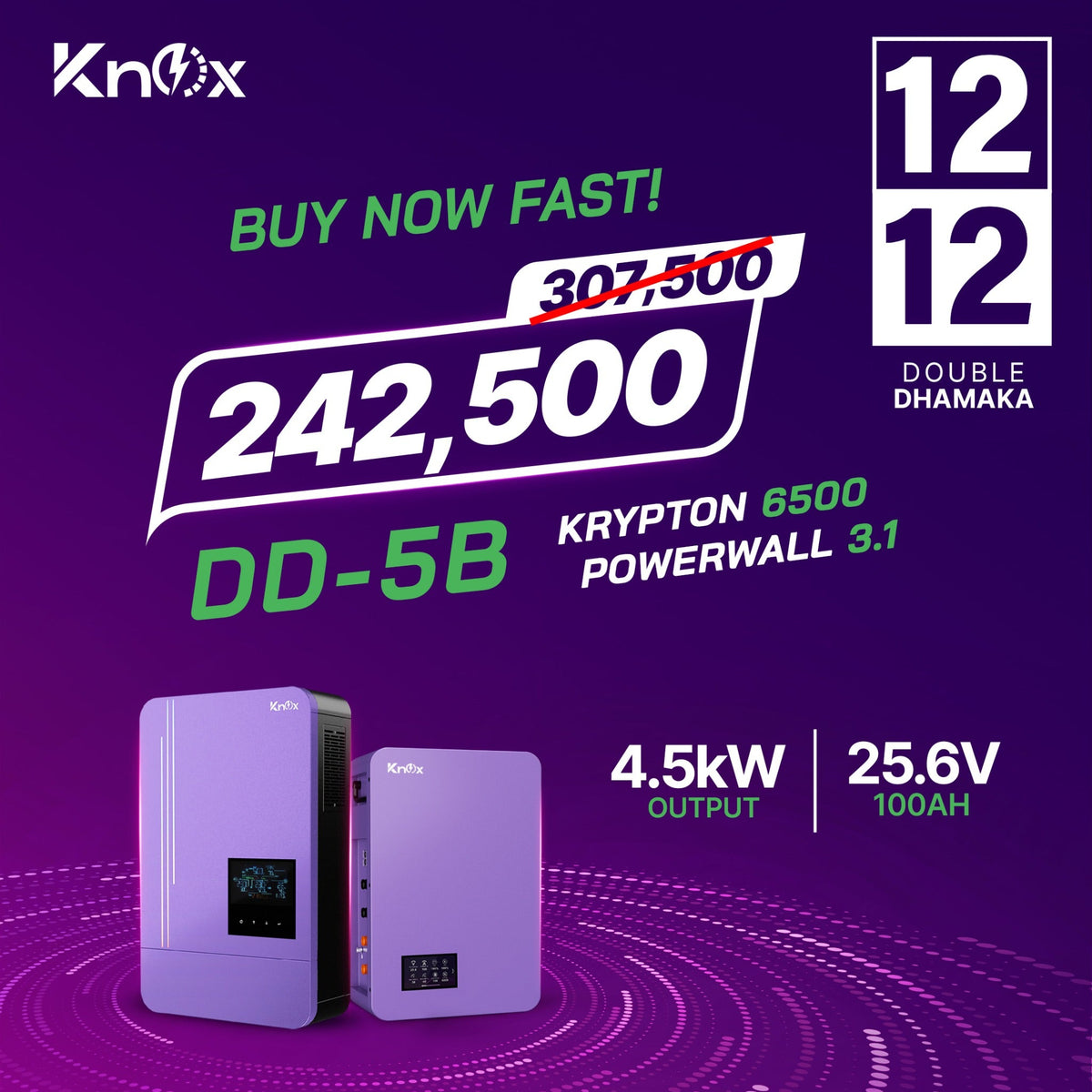 Knox Combo Deal 5B Krypton 6500 4.5kw hybrid solar inverter with Powerwall 3.1 25.6V 100ah lithium battery