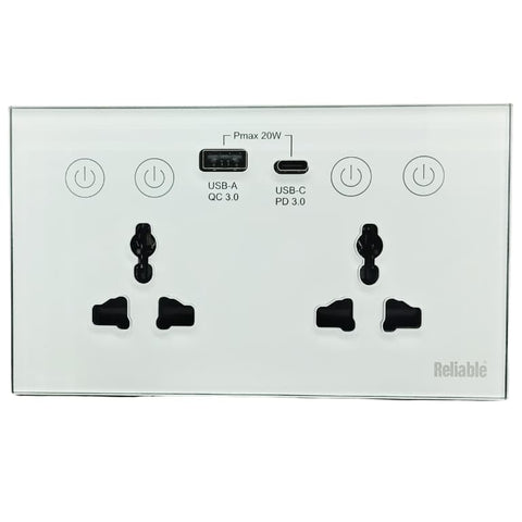 Reliable Electric Double 3 Pin Universal Smart Wall Socket with USB & USB-C Charging