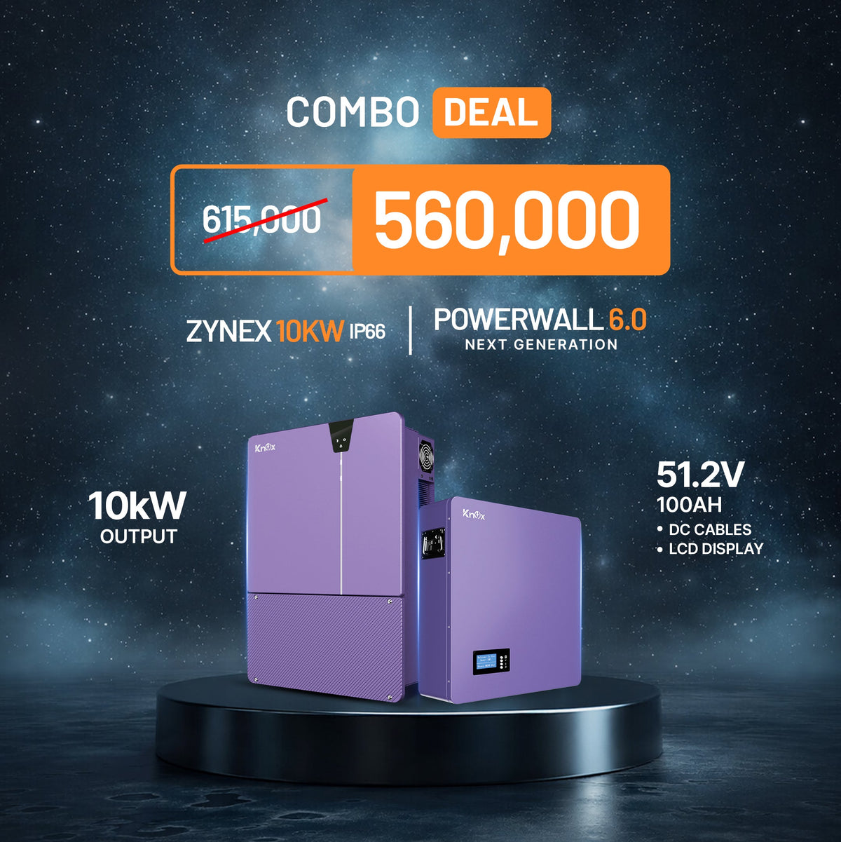 Knox Zynex 10KW Solar Inverter Combo with Powerwall 6.0 51.2V 100Ah Battery | IP66 Hybrid Solar Energy System