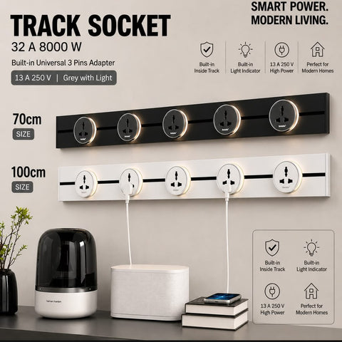 Reliable Electric 100CM Track Socket Kitchen Wall Outlet | 8000W Modular Power Track | Universal Round Removable Adapter Plug