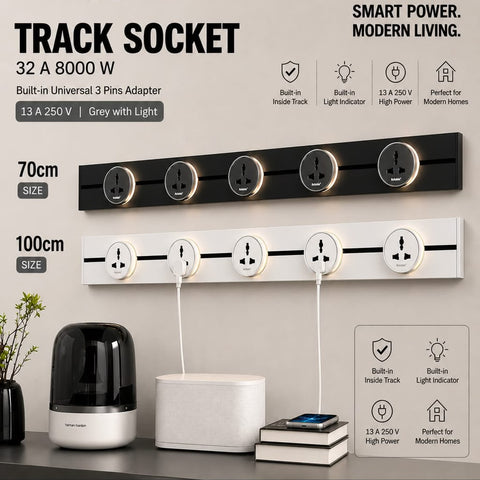 Reliable Electric 70CM Track Socket Kitchen Wall Outlet | 8000W Modular Power Track | Universal Round Removable Adapter Plug