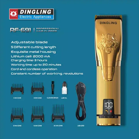 DINGLING RF-691 Professional Hair Clipper – Cordless Rechargeable Barber Trimmer with Metal Body & Precision Blades