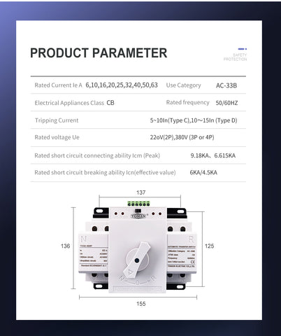 TOMZN 2P 63A/125A 230V MCB type Dual Power Automatic transfer switch ATS