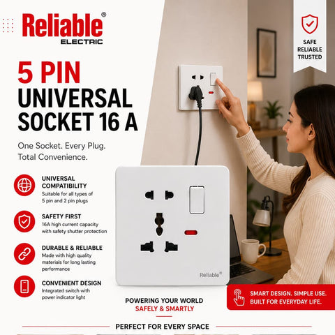 Reliable Electric 5 Pin Universal Socket with USB & Type-C Charging 16A