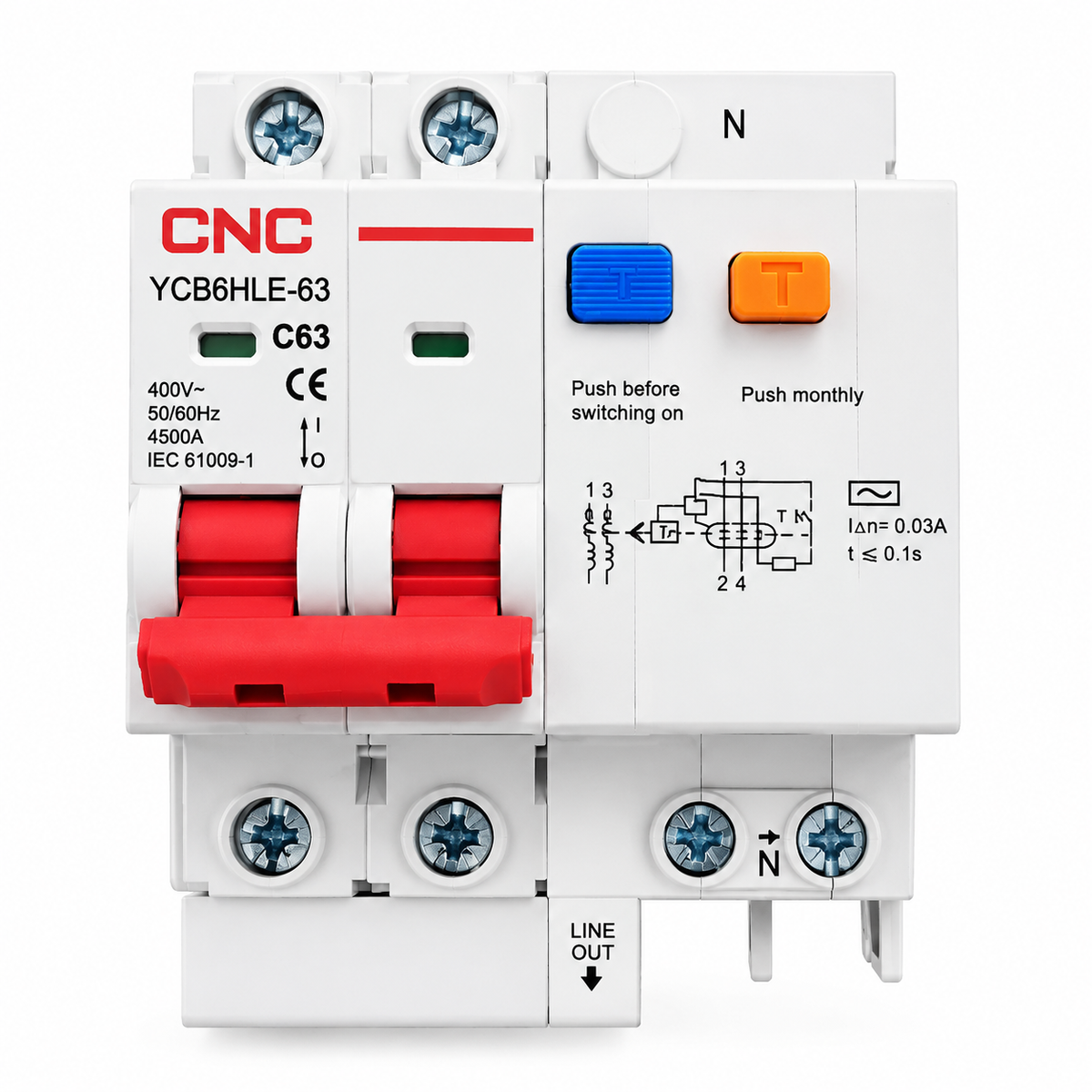 CNC YCB6HLE-63 2P RCCB 63A Residual Current Circuit Breaker 400V | Leakage & Overload Protection