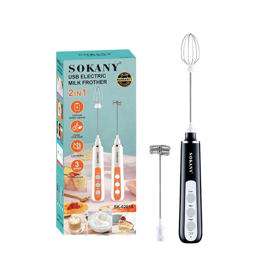 Sokany SK-02014 2-in-1 USB Electric Milk Frother | 1200mAh Rechargeable | Double Whisk | 3-Speed Adjustable