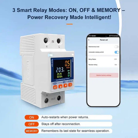 Tomzn TOVA-63T 63A WIFI Protector Mini 10in1 With Memory Option | Units (Kwh) Lock | Under & Over Voltage Protection - Earth Leakage | Monitoring | Tuya Smart - Smart Life