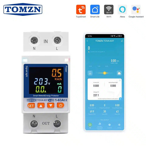 Tomzn TOVA-63T 63A WIFI Protector Mini 10in1 With Memory Option | Units (Kwh) Lock | Under & Over Voltage Protection - Earth Leakage | Monitoring | Tuya Smart - Smart Life