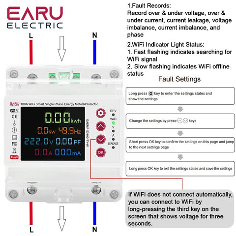 EARU 14in1 100A Bidirectional WIFI Smart Meter with Monitoring and Protection