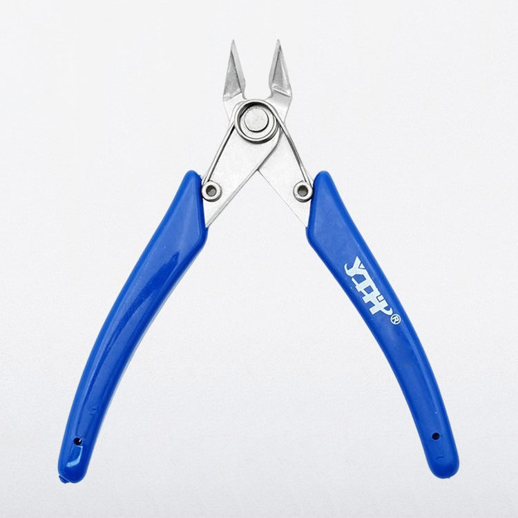 Pair of blue-handled wire cutters on a white background