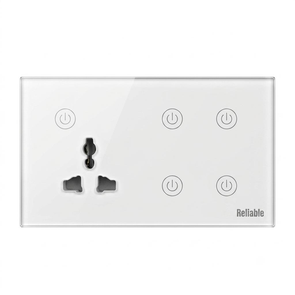 Reliable Electric 4 Gang Smart WiFi Wall Switch + 3 Pin Universal Socket | Touch Glass Panel | Tuya, Smart Life, Alexa & Google Home Compatible