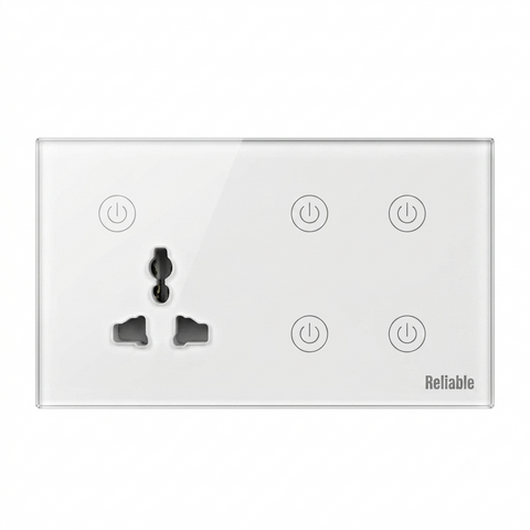 Reliable Electric 4 Gang Smart WiFi Wall Switch + 3 Pin Universal Socket | Touch Glass Panel | Tuya, Smart Life, Alexa & Google Home Compatible
