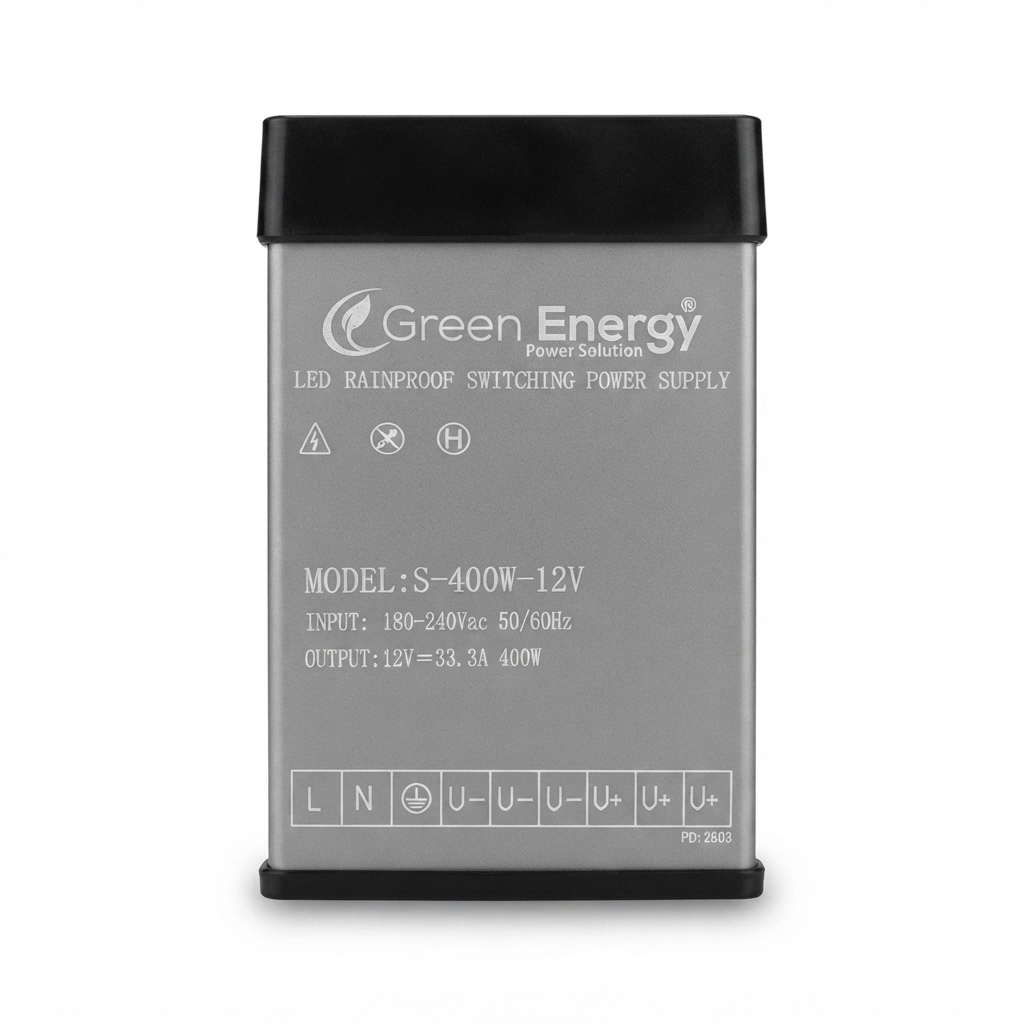 Green Energy S-400W-12V LED Rainproof Switching Power Supply | 12V 33.3A 400W | 180-240V AC Input | IP Rainproof LED Driver