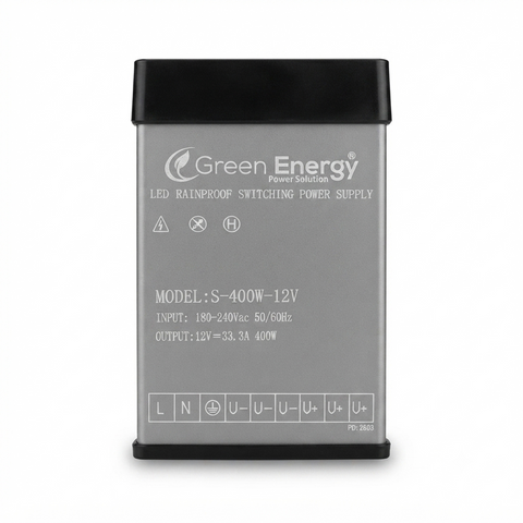 Green Energy S-400W-12V LED Rainproof Switching Power Supply | 12V 33.3A 400W | 180-240V AC Input | IP Rainproof LED Driver