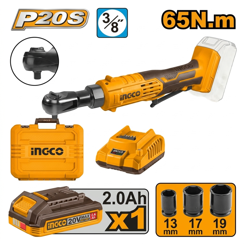 INGCO 20V Cordless Ratchet Wrench CDRLI2060152 | 65Nm Power Tool with Battery & Charger