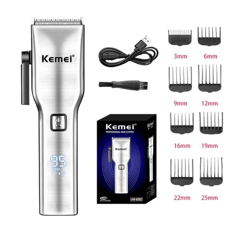 Kemei KM-6050 Professional Hair Trimmer | Digital | Lithium Batteries | 8 Guiding Combs With Official Warranty