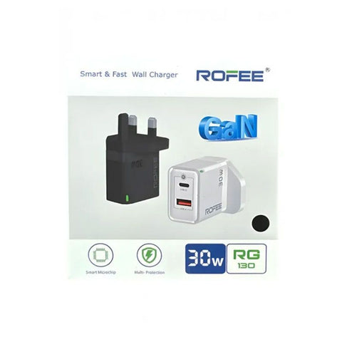 ROFEE SMART & FAST DUAL PORT USB-A&C 30W WALL GAN CHARGER W/O CABLE 3PIN RG-130