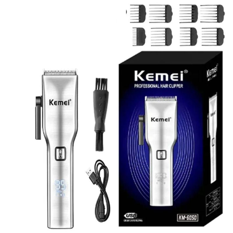 Kemei KM-6050 Professional Hair Trimmer | Digital | Lithium Batteries | 8 Guiding Combs With Official Warranty