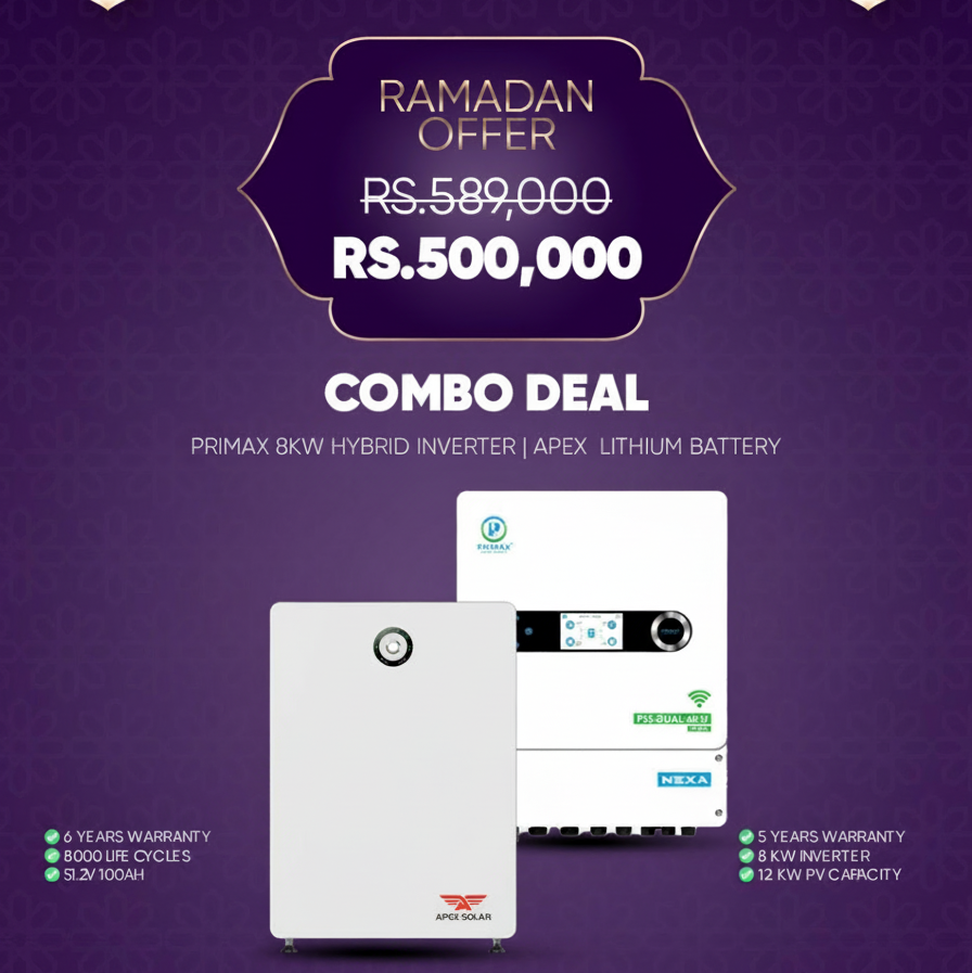 Combo Deal R18 – Primax 8kW Hybrid Solar Inverter with Apex 51.2V 100Ah Lithium Battery | 5.12kWh Solar Backup & Energy Storage System