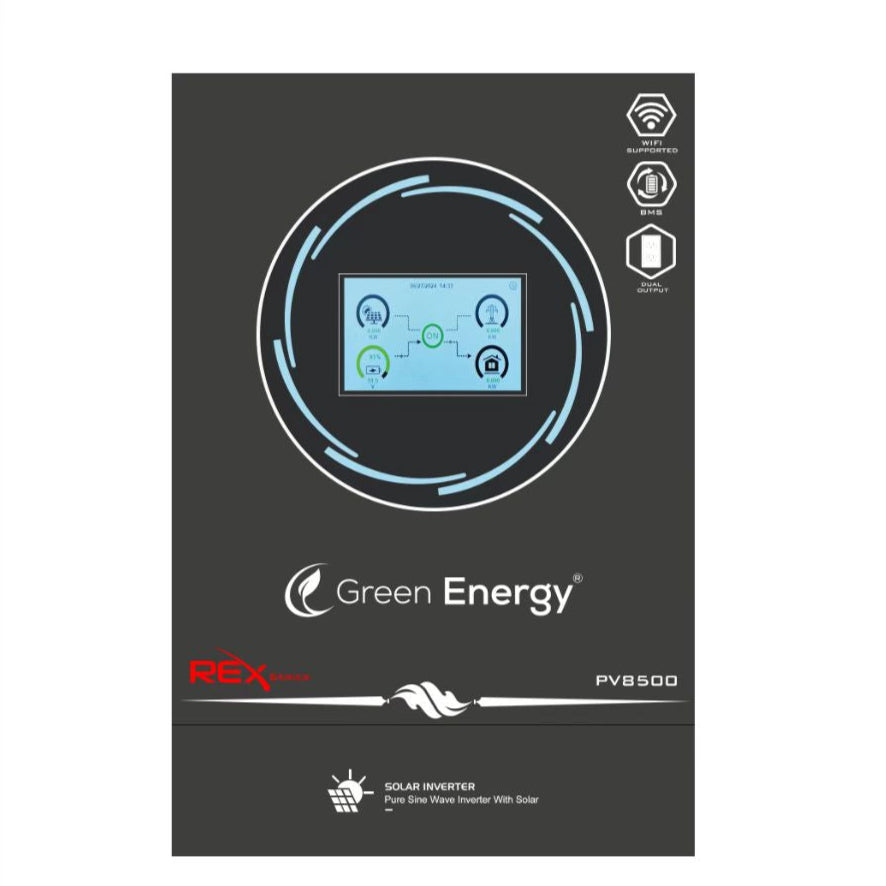 Green Energy REX 6.5KW Hybrid Solar Inverter – PV8500 | Built-in WiFi, Lithium Battery Port, Dual Output
