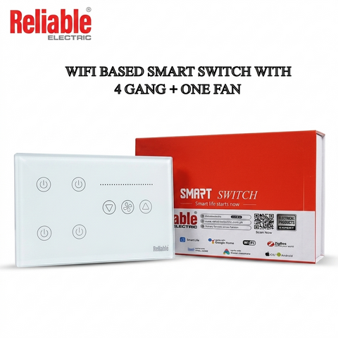 Reliable Electric 4 Gang + 1 Fan WiFi Smart Wall Switch | Touch Glass Panel