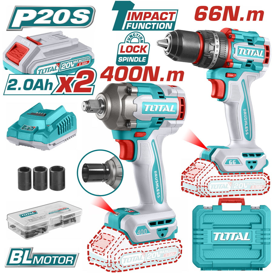 TOTAL 20V Cordless 2Pcs Combo Kit (TCKLI20275) – Drill Machine + Impact Wrench Set with Lithium-Ion Battery