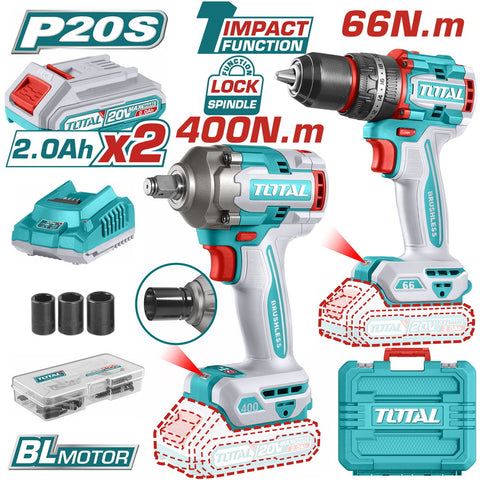 TOTAL 20V Cordless 2Pcs Combo Kit (TCKLI20275) – Drill Machine + Impact Wrench Set with Lithium-Ion Battery