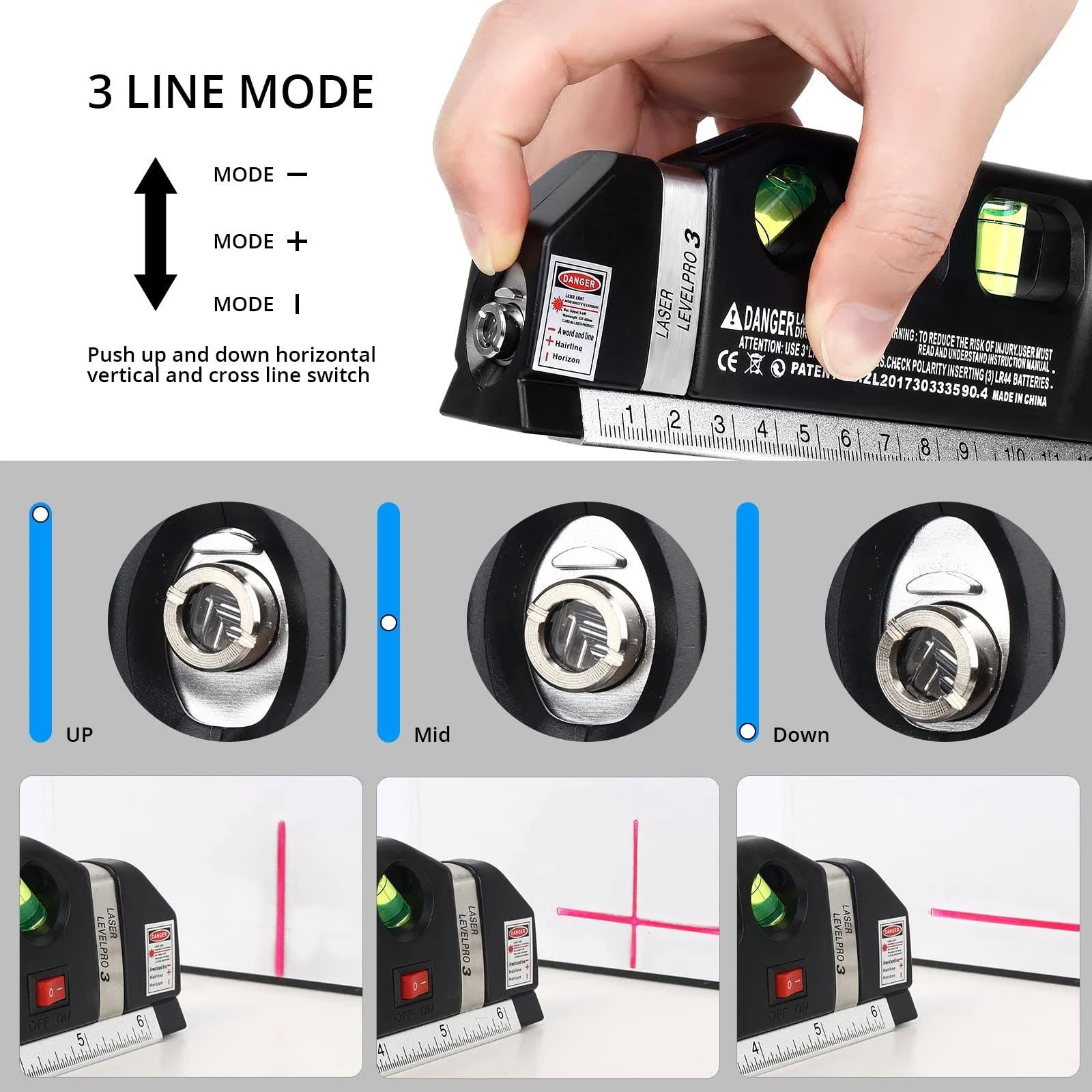 Laser Level Multipurpose Line Laser Leveler Tool Cross Line Lasers With 8FT 2.5M Standard Measure Tape and Metric Rulers