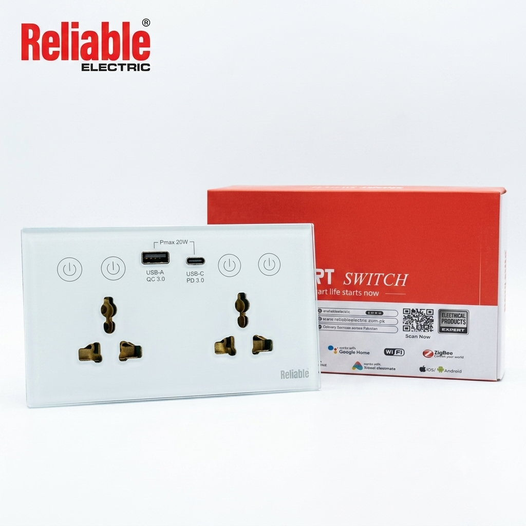 Reliable Electric Double 3 Pin Universal Smart Wall Socket with USB & USB-C Charging