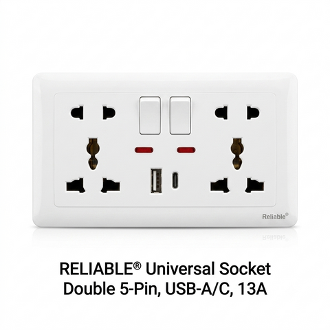 Reliable Electric Double 5 Pin Universal Socket 16A with USB & Type-C Charging