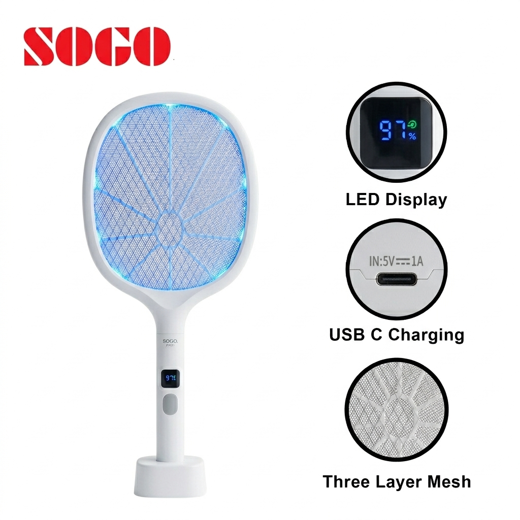 SOGO electric fly swatter with LED display, USB C charging, and three-layer mesh on a white background.