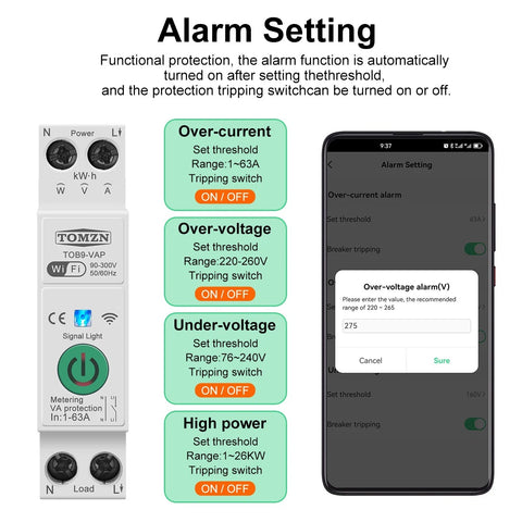 Tomzn TOB9-VAP 8in1 63A WIFI Smart Switch with Monitoring and Protection