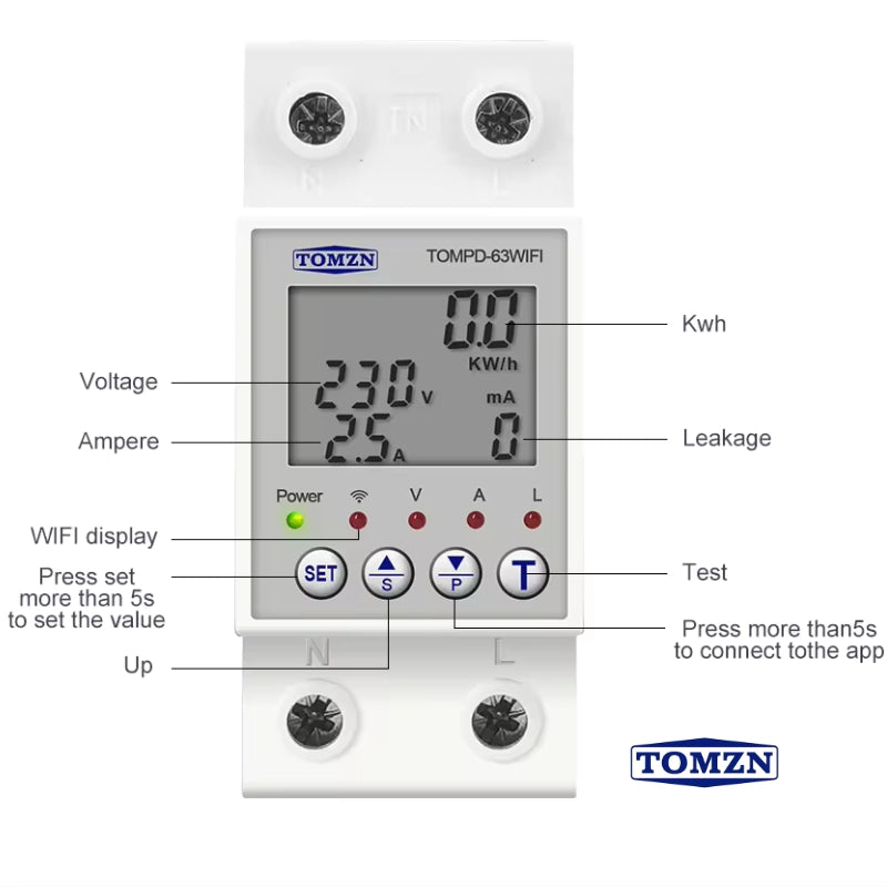 Tomzn TOMPD-63 WIFI Protector with voltage current and leakage protection Mini 10in1