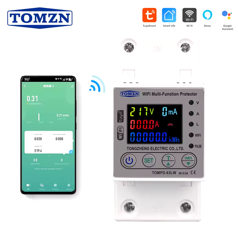 Tomzn All in One TOMPD 63LW 63A WIFI Smart  Circuit Breaker with voltage current and leakage protection. Tomzn 10in1 Smart Protector