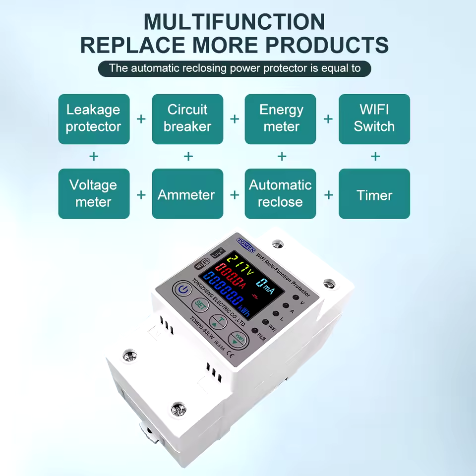 Tomzn All in One TOMPD 63LW 63A WIFI Smart  Circuit Breaker with voltage current and leakage protection. Tomzn 10in1 Smart Protector