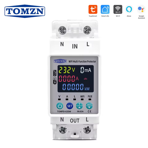 Tomzn TOMPD 63SW- 63A WIFI Protector with voltage current and leakage protection Mini 10in1