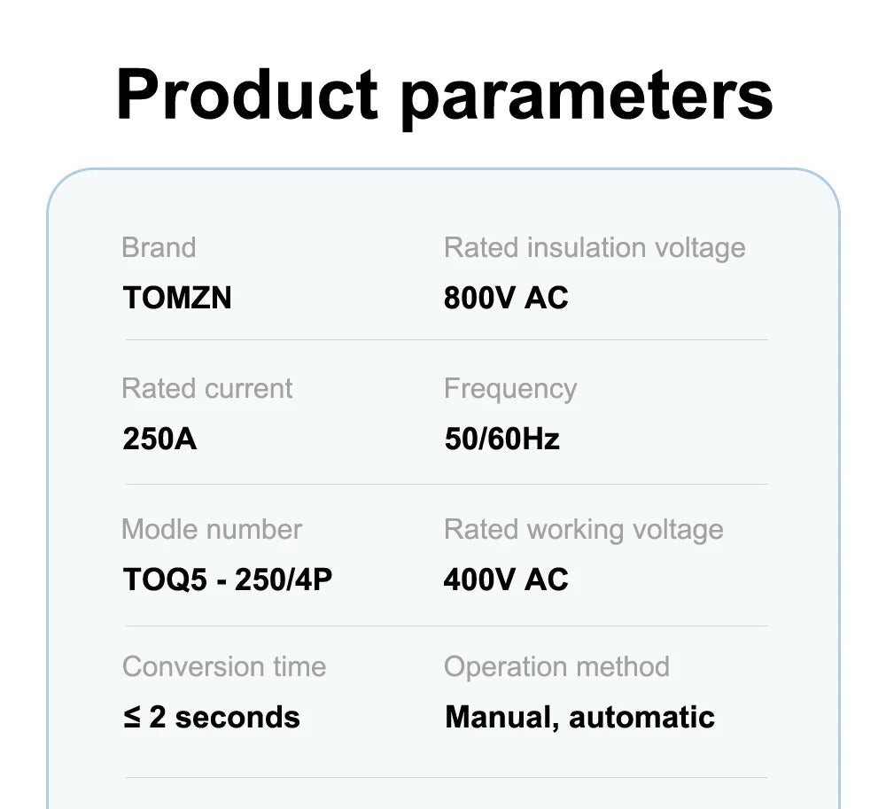 Tomzn TOQ5-250/4P Handle Type 250A 4P AC Three Phase Dual Power Automatic Transfer Switch ATS
