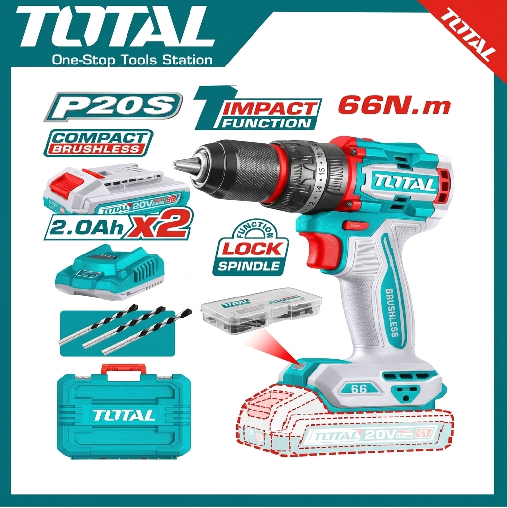 Total Compact Brushless Cordless Impact Drill 20V TIDLI20668 | 66Nm High Torque | 13mm Metal Chuck