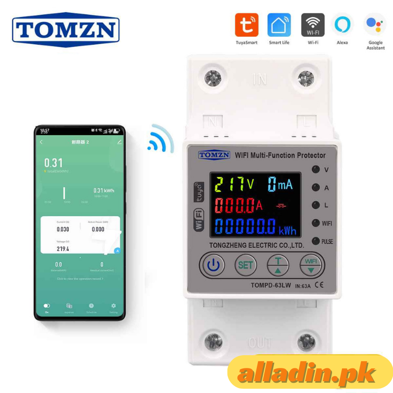 TOMZN 63A WIFI Smart Switch TUYA Energy Meter Kwh Metering Circuit Breaker Timer with voltage current and leakage protection. Tomzn 10in1 Smart Protector