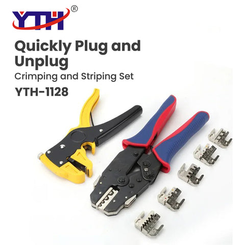 YTH YTH-1128 Crimping and Wire Stripper Set – Quick Change Crimping Tool with 6 Jaws, CLEC-6BOX Dies, Ratchet Tool & Canvas Bag